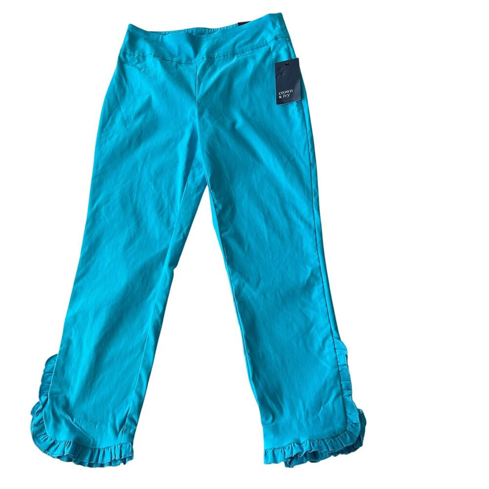 NWT Crown & Ivy Belk Aqua Pants women sz 4 petite turquoise ruffled hem spring